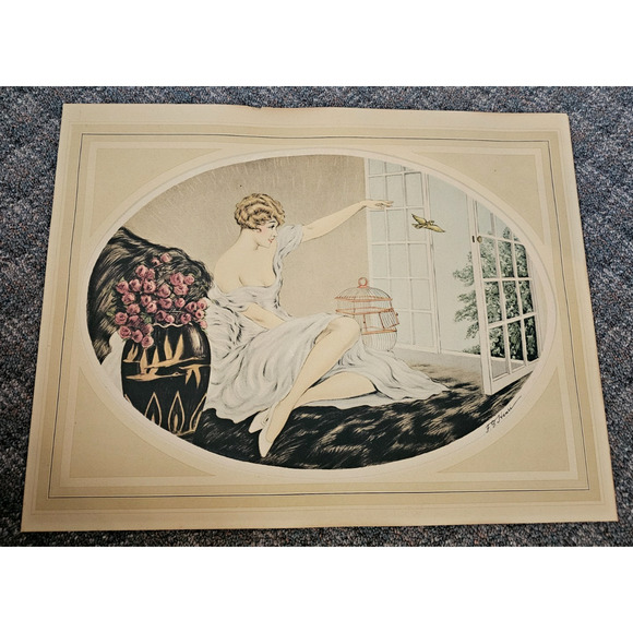 F. G. Henri Art Deco Women Waving Goodbye Bird Flying Out The Window Print - Picture 1 of 4